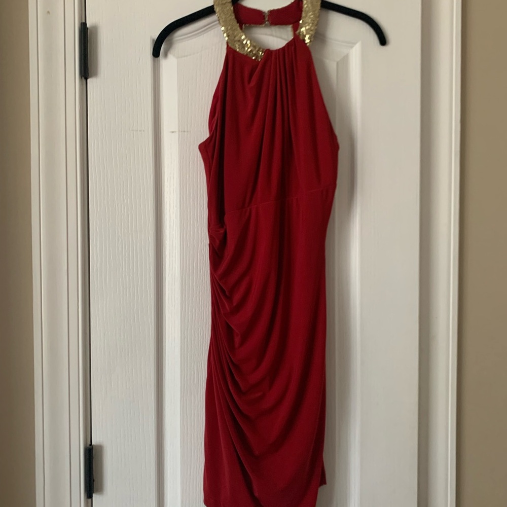 Elegant Red Halter Dress with Gold Accents